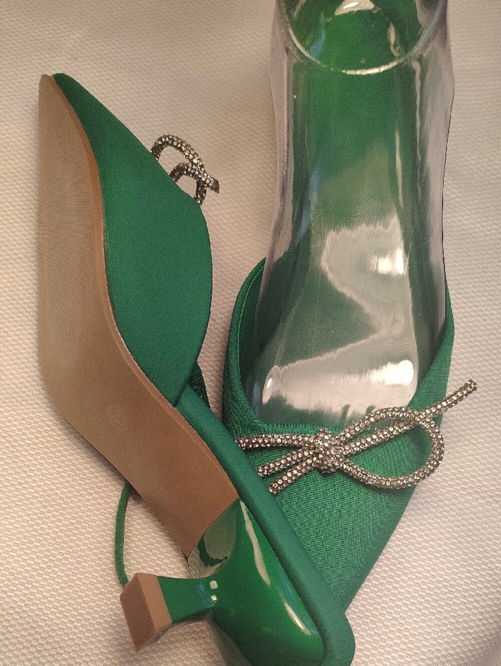 Emerald Green Pointed Toe Flats with Crystal Bow Accent - Picture 2 of 6